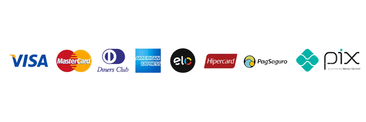 Bandeiras de pagamento aceitas: Mastercard, Visa, Diners Club, Hipercard, American Express, Elo, PagSeguro, Pix
